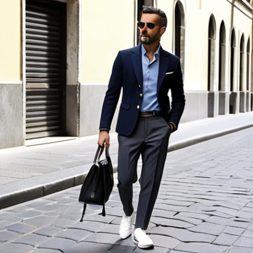 Milanese Business Casual Elegance**
A sophisticated Italian man in his late 30s, walking confidently on a sunlit street in Milan's fashion district. He wears impeccably tailored, slim-fit charcoal grey wool trousers, subtly tapered at the ankle to reveal pristine, minimalist white leather sneakers. His upper attire consists of a crisp, unbuttoned light blue dress shirt and a perfectly fitted navy blazer. The scene emphasizes modern urban professionalism with an effortless, approachable charm, captured in a high-fashion editorial style.

**