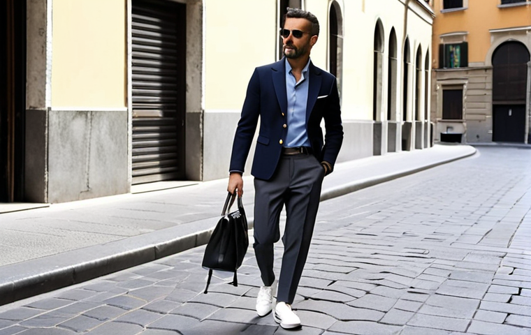Milanese Business Casual Elegance**
A sophisticated Italian man in his late 30s, walking confidently on a sunlit street in Milan's fashion district. He wears impeccably tailored, slim-fit charcoal grey wool trousers, subtly tapered at the ankle to reveal pristine, minimalist white leather sneakers. His upper attire consists of a crisp, unbuttoned light blue dress shirt and a perfectly fitted navy blazer. The scene emphasizes modern urban professionalism with an effortless, approachable charm, captured in a high-fashion editorial style.

**