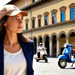 A close-up of a stylish Italian woman wearing a beige cotton baseball cap with a curved brim, paired with a navy blazer, white t-shirt, and jeans. The scene is set in a sunlit piazza in Florence, Italy, with a Vespa in the background.