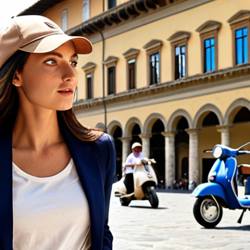 A close-up of a stylish Italian woman wearing a beige cotton baseball cap with a curved brim, paired with a navy blazer, white t-shirt, and jeans. The scene is set in a sunlit piazza in Florence, Italy, with a Vespa in the background.