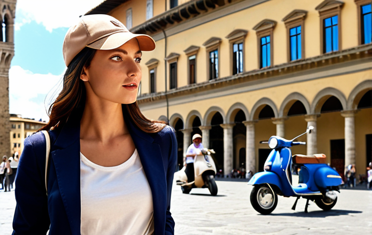 A close-up of a stylish Italian woman wearing a beige cotton baseball cap with a curved brim, paired with a navy blazer, white t-shirt, and jeans. The scene is set in a sunlit piazza in Florence, Italy, with a Vespa in the background.