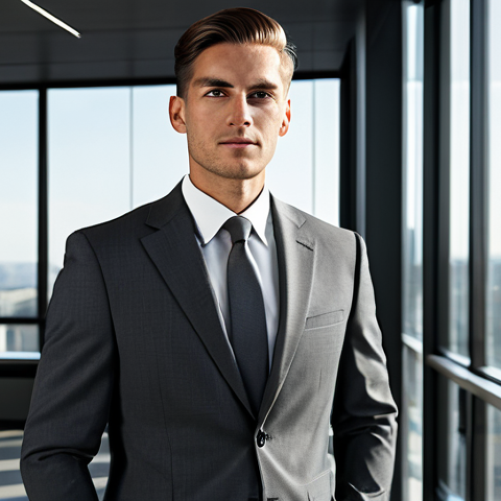 An elegant professional man with a classic side part hairstyle, neatly groomed, wearing a tailored charcoal grey business suit, a crisp white dress shirt, and a dark tie. He is standing confidently in a modern, sophisticated office with large windows, sunlight streaming in. fully clothed, modest clothing, appropriate attire, professional dress, perfect anatomy, correct proportions, natural pose, well-formed hands, proper finger count, natural body proportions, professional photography, high quality, safe for work, appropriate content, family-friendly.