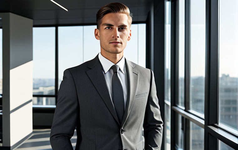 An elegant professional man with a classic side part hairstyle, neatly groomed, wearing a tailored charcoal grey business suit, a crisp white dress shirt, and a dark tie. He is standing confidently in a modern, sophisticated office with large windows, sunlight streaming in. fully clothed, modest clothing, appropriate attire, professional dress, perfect anatomy, correct proportions, natural pose, well-formed hands, proper finger count, natural body proportions, professional photography, high quality, safe for work, appropriate content, family-friendly.