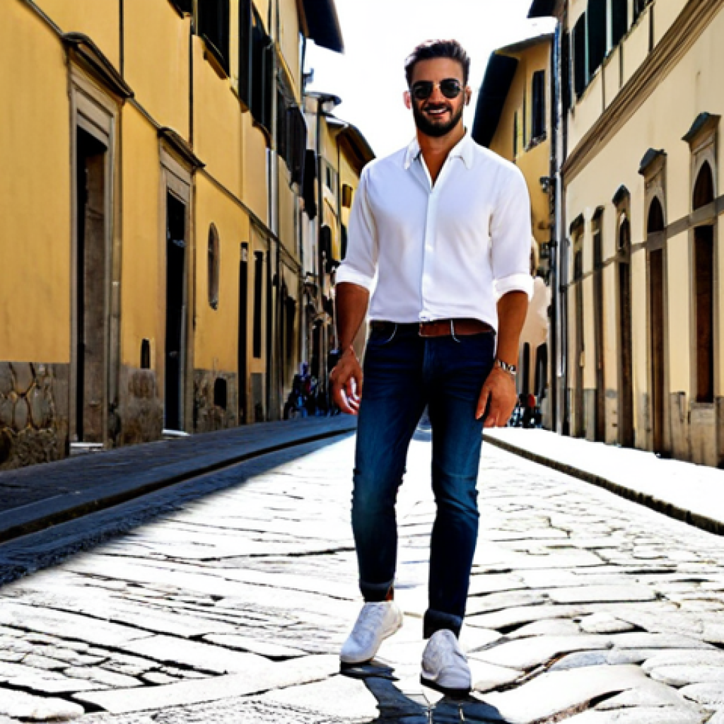 Slim Fit Jeans Style**

"A stylish Italian man in his late 20s, walking down a cobblestone street in Florence, wearing well-fitting slim fit jeans, a crisp white shirt, and fashionable sneakers, fully clothed, appropriate attire, safe for work, perfect anatomy, natural proportions, professional street style photography, high quality, family-friendly. The scene is bathed in warm Tuscan sunlight."

**