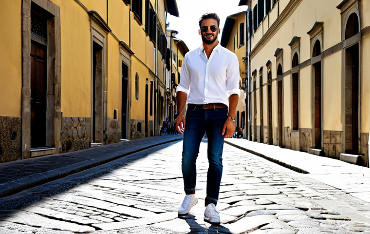 Slim Fit Jeans Style**

"A stylish Italian man in his late 20s, walking down a cobblestone street in Florence, wearing well-fitting slim fit jeans, a crisp white shirt, and fashionable sneakers, fully clothed, appropriate attire, safe for work, perfect anatomy, natural proportions, professional street style photography, high quality, family-friendly. The scene is bathed in warm Tuscan sunlight."

**