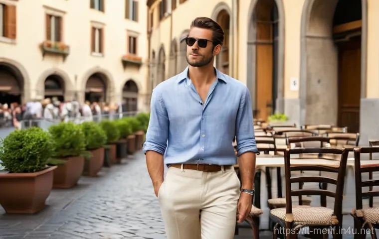 여름 남성 스포츠 샌들 - **Prompt:** "A stylish man in his late 20s to early 30s, with a relaxed and confident demeanor, is c...