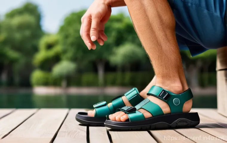 여름 남성 스포츠 샌들 - **Prompt:** "A man in his mid-30s, active and adventurous, is paused on a scenic hiking trail overlo...