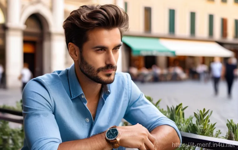 캐주얼 남성 시계 추천 - **"Elegance in Minimalism: Aperitivo in Milan"**
    A stylish Italian man in his late 20s to early ...