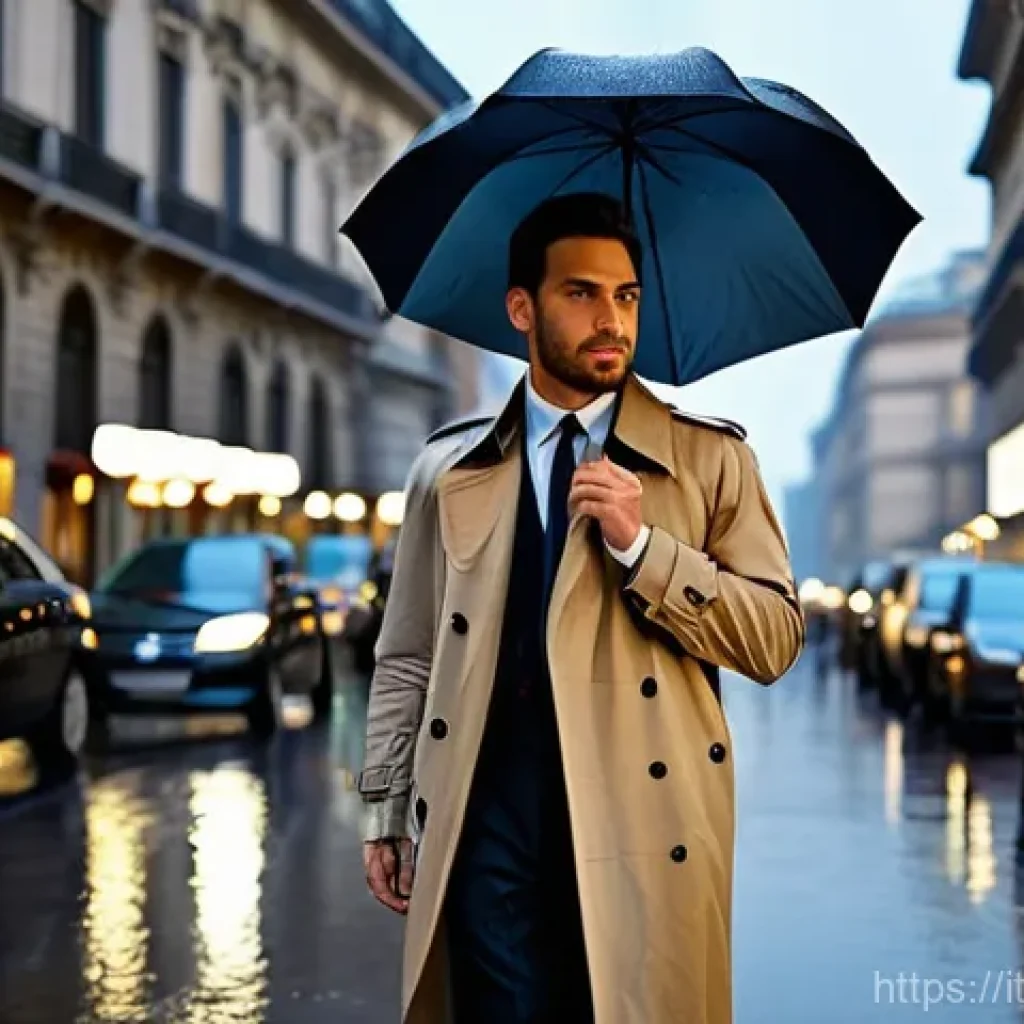 남성용 레인코트 추천 - **Prompt: "L'Eleganza del Trench Coat Classico Sotto la Pioggia a Milano"**
    A sophisticated Ital...