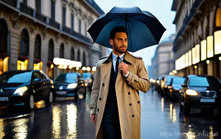 남성용 레인코트 추천 - **Prompt: "L'Eleganza del Trench Coat Classico Sotto la Pioggia a Milano"**
    A sophisticated Ital...