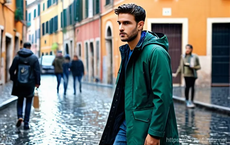남성용 레인코트 추천 - **Prompt: "L'Eleganza del Trench Coat Classico Sotto la Pioggia a Milano"**
    A sophisticated Ital...