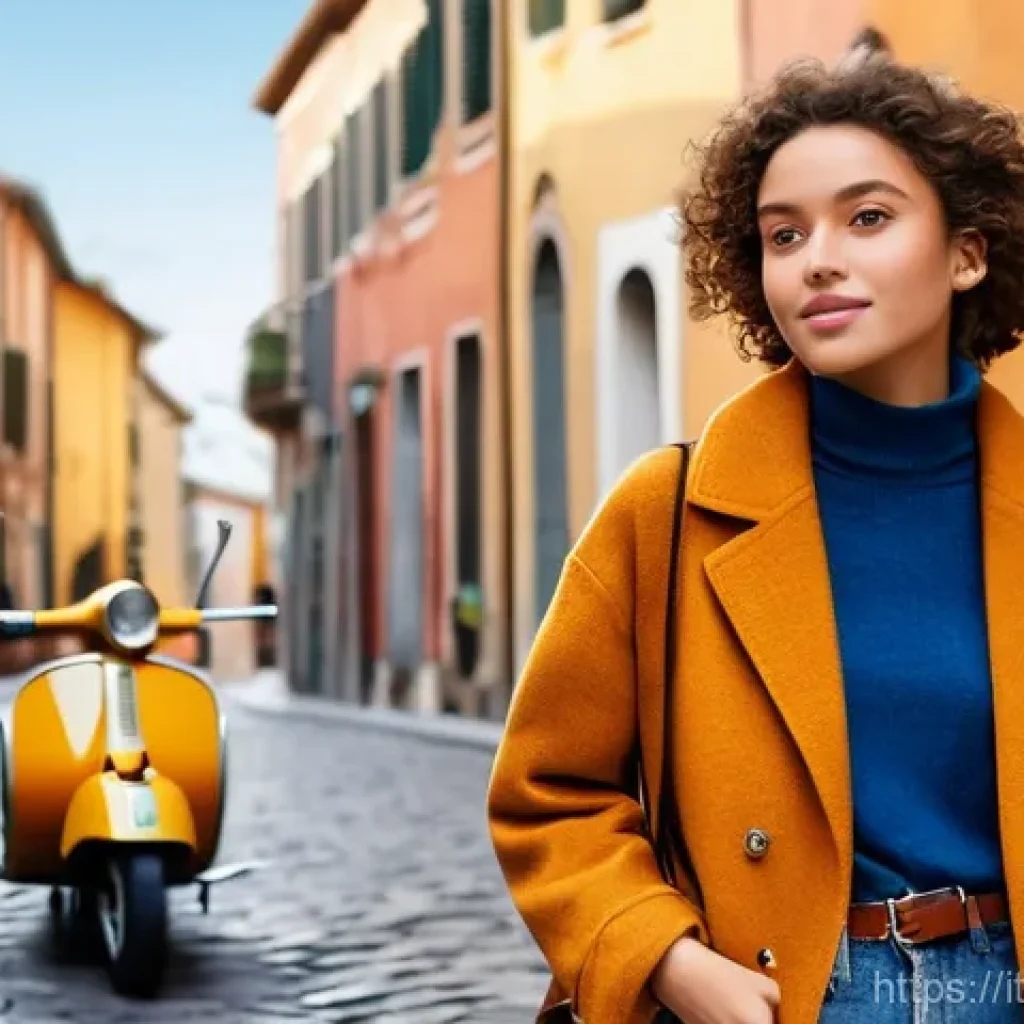 데님 재킷 코디법 - "A stylish young woman, approximately 20-25 years old, stands casually on a charming Italian cobbles...