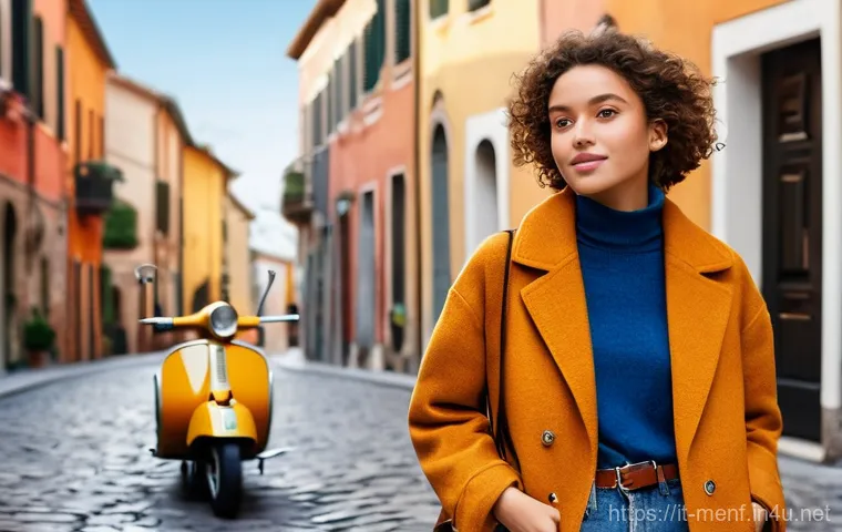 데님 재킷 코디법 - "A stylish young woman, approximately 20-25 years old, stands casually on a charming Italian cobbles...