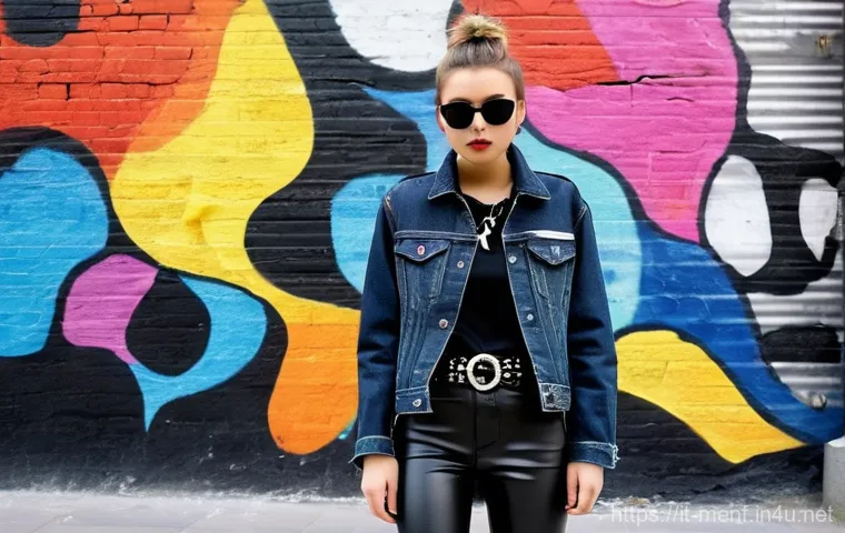 데님 재킷 코디법 - "A sophisticated woman, in her late 20s to early 30s, is captured in a fashionable setting, possibly...