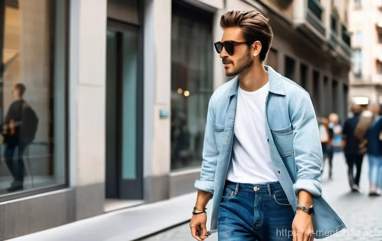 남성 봄 데님 스타일 - **Prompt 1: The Artisan of Raw Denim**
    A stylish Italian man, aged 30-40, stands confidently in ...