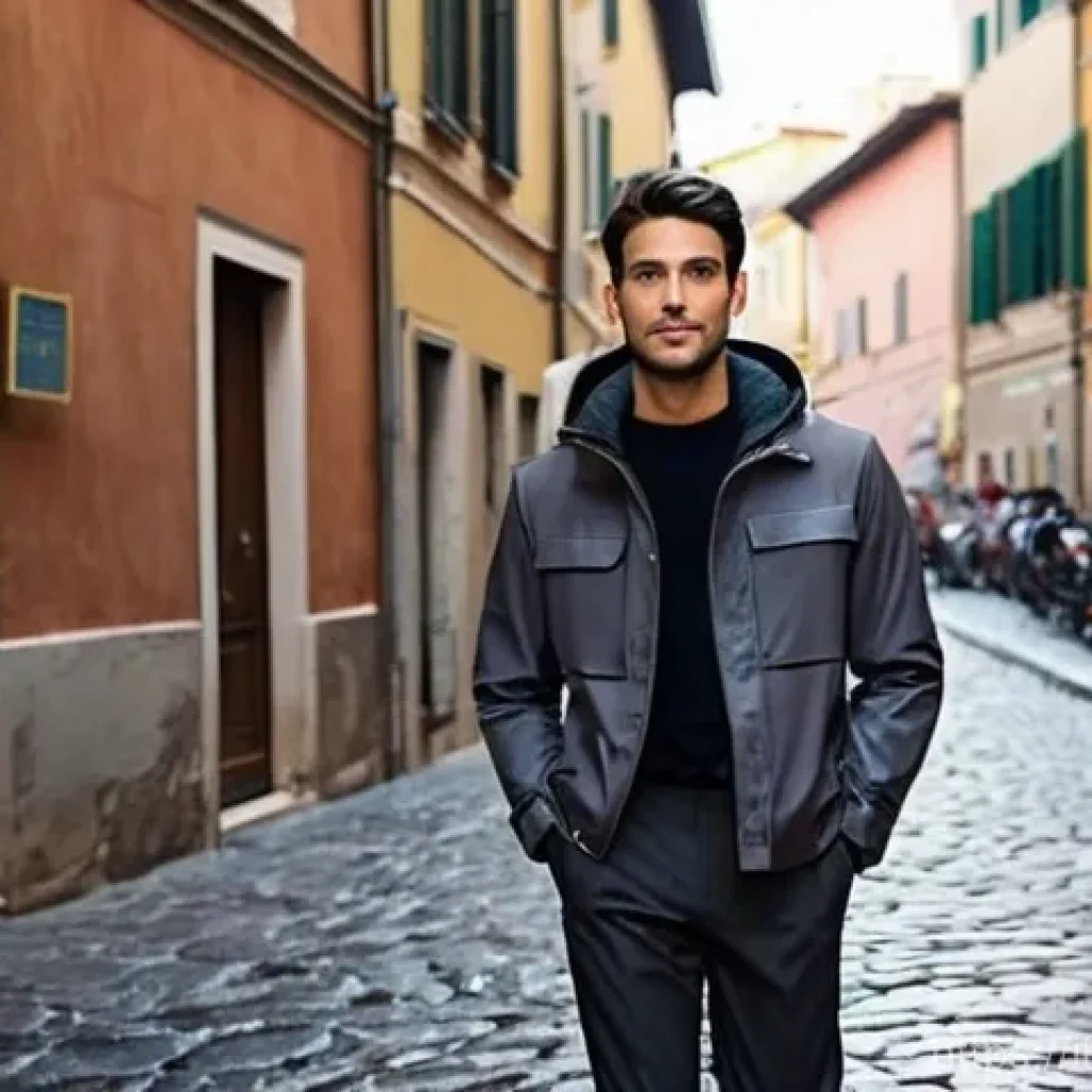 남성용 방수 재킷 - **Prompt:** A stylish young man in his late 20s, with short, dark, neatly styled hair, is walking co...