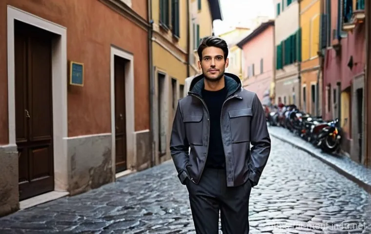 남성용 방수 재킷 - **Prompt:** A stylish young man in his late 20s, with short, dark, neatly styled hair, is walking co...