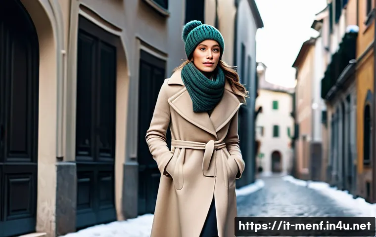 겨울 방한 아이템 추천 - **Italian City Chic Layering**
    A stylish Italian woman in her early 30s, exuding effortless eleg...