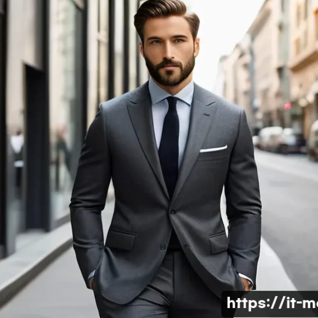 남성 바지 기장 조정법 - A sophisticated man in his early 30s with a neatly trimmed beard and short, styled hair. He is weari...