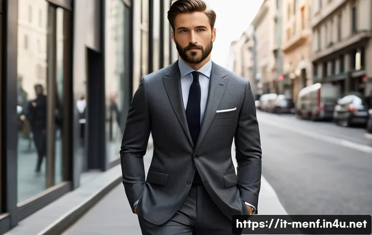 남성 바지 기장 조정법 - A sophisticated man in his early 30s with a neatly trimmed beard and short, styled hair. He is weari...