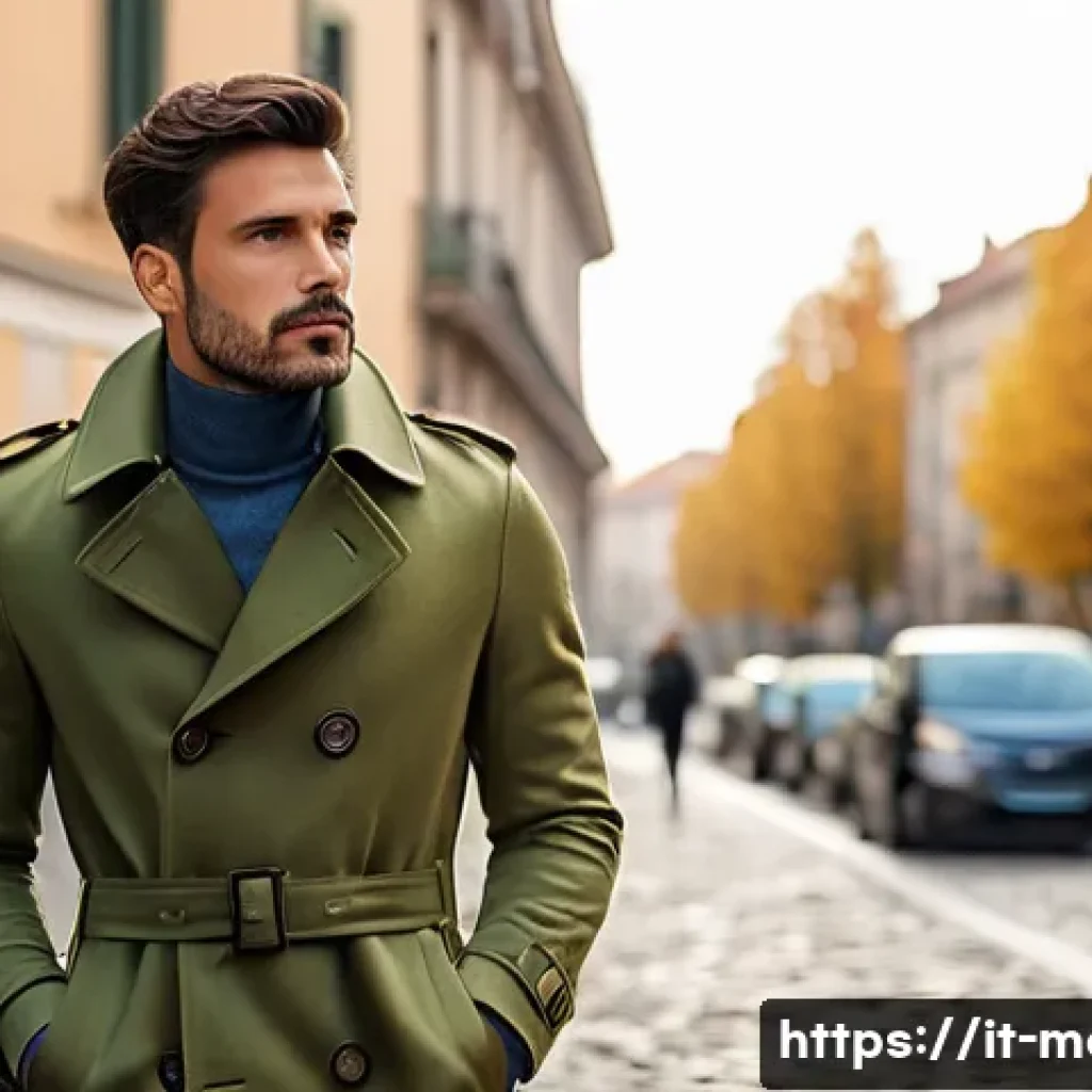 남성 가을 코트 트렌드 - A stylish Italian man in his 30s wearing a classic double-breasted trench coat with oversized button...