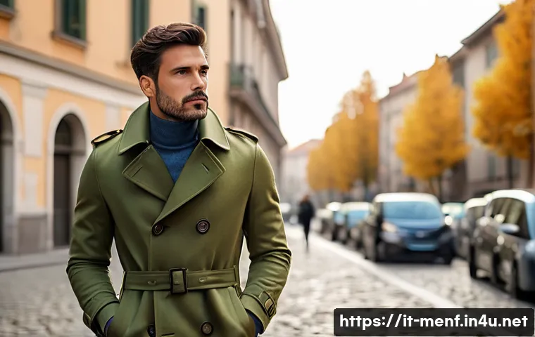 남성 가을 코트 트렌드 - A stylish Italian man in his 30s wearing a classic double-breasted trench coat with oversized button...