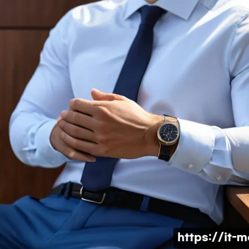 셔츠 소매 접는 방법 - A professional office scene featuring a well-dressed man wearing a crisp cotton dress shirt with sle...