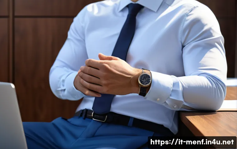 셔츠 소매 접는 방법 - A professional office scene featuring a well-dressed man wearing a crisp cotton dress shirt with sle...