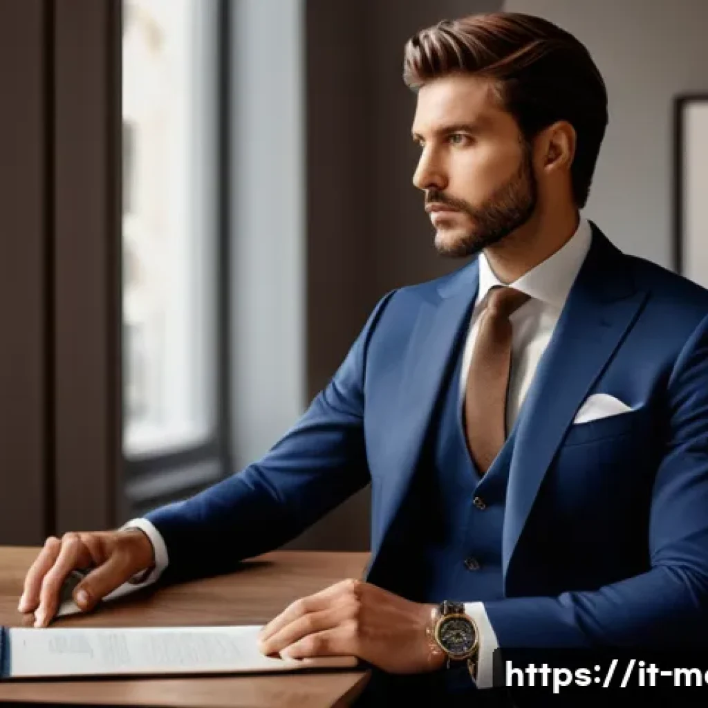 남성용 패션 소품 추천 - A sophisticated Italian man dressed in a tailored navy blue suit, wearing a classic wristwatch with ...