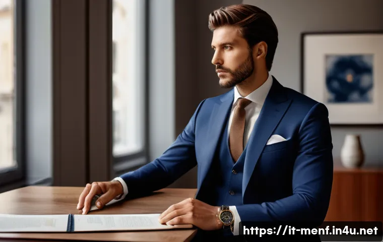 남성용 패션 소품 추천 - A sophisticated Italian man dressed in a tailored navy blue suit, wearing a classic wristwatch with ...