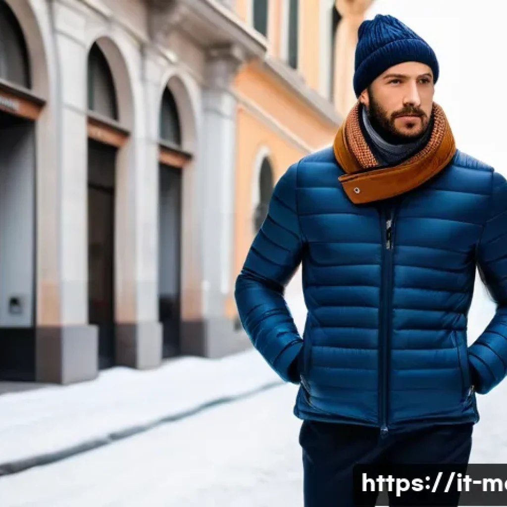 겨울 남성 방한복장 - A stylish Italian man walking through a snowy Milan street in winter, wearing a lightweight insulate...