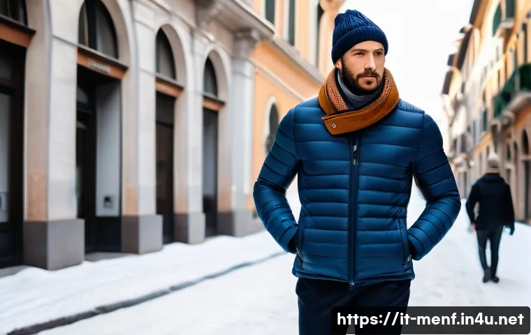 겨울 남성 방한복장 - A stylish Italian man walking through a snowy Milan street in winter, wearing a lightweight insulate...