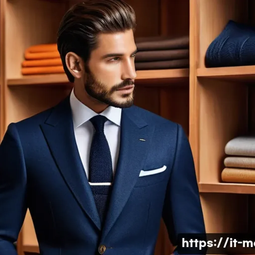 남성 의류 브랜드 추천 - A sophisticated Italian male model in a tailored navy blue wool suit with cashmere blend, standing i...