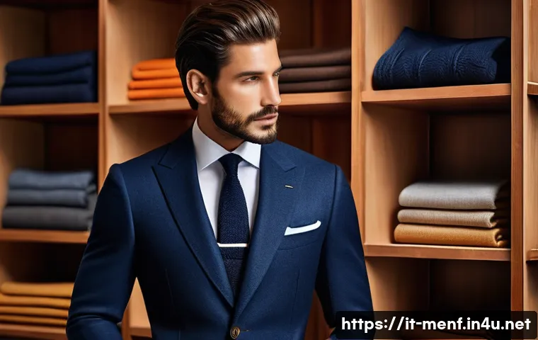 남성 의류 브랜드 추천 - A sophisticated Italian male model in a tailored navy blue wool suit with cashmere blend, standing i...