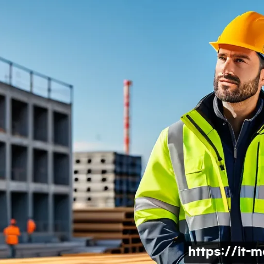 남성용 워크웨어 트렌드 - A male construction worker wearing modern workwear designed for outdoor labor, featuring breathable ...