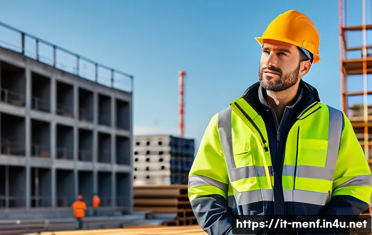 남성용 워크웨어 트렌드 - A male construction worker wearing modern workwear designed for outdoor labor, featuring breathable ...