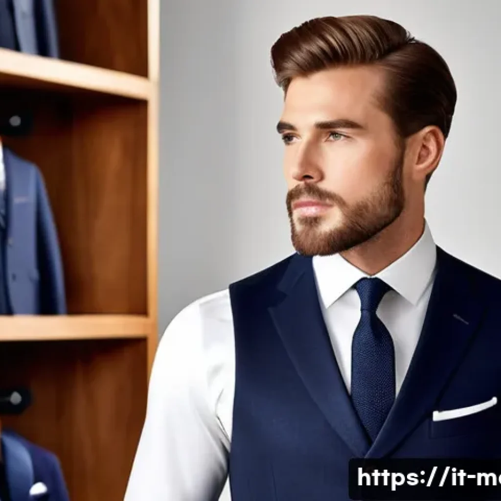 남성용 베스트 브랜드 - A sophisticated male model wearing a classic tailored vest made of merino wool and silk blend, in a ...