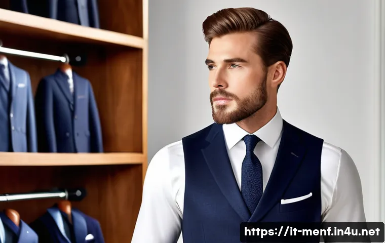 남성용 베스트 브랜드 - A sophisticated male model wearing a classic tailored vest made of merino wool and silk blend, in a ...