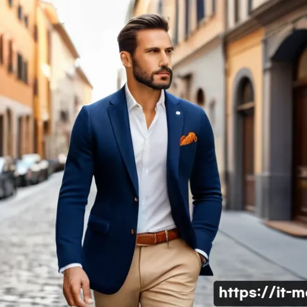 남성 패션의 기본 규칙 - A stylish Italian man in his 30s wearing a perfectly tailored navy blue merino wool blazer over a cr...