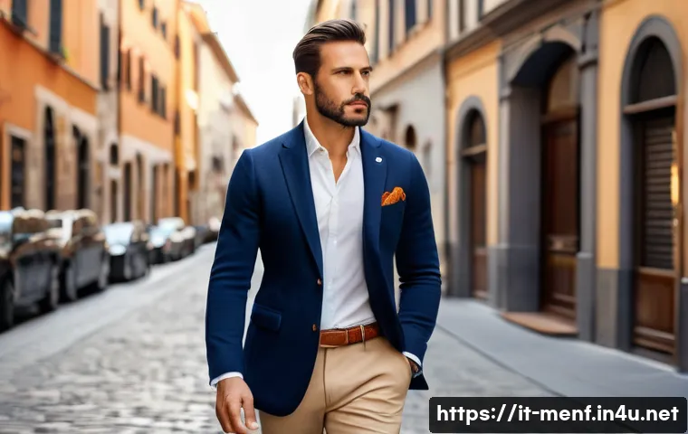 남성 패션의 기본 규칙 - A stylish Italian man in his 30s wearing a perfectly tailored navy blue merino wool blazer over a cr...