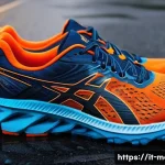 남성용 러닝화 리뷰 - A detailed close-up image of a pair of high-performance running shoes designed for road running, sho...