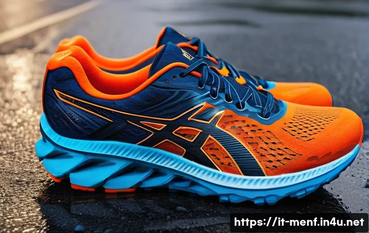 남성용 러닝화 리뷰 - A detailed close-up image of a pair of high-performance running shoes designed for road running, sho...