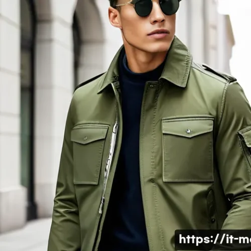 남성 야상 자켓 추천 - A modern military jacket displayed on a male model standing in an urban environment during springtim...