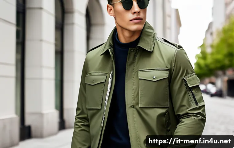 남성 야상 자켓 추천 - A modern military jacket displayed on a male model standing in an urban environment during springtim...