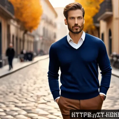 남성용 브이넥 니트 추천 - A stylish Italian man wearing a slim-fit navy blue merino wool V-neck sweater paired with dark tailo...