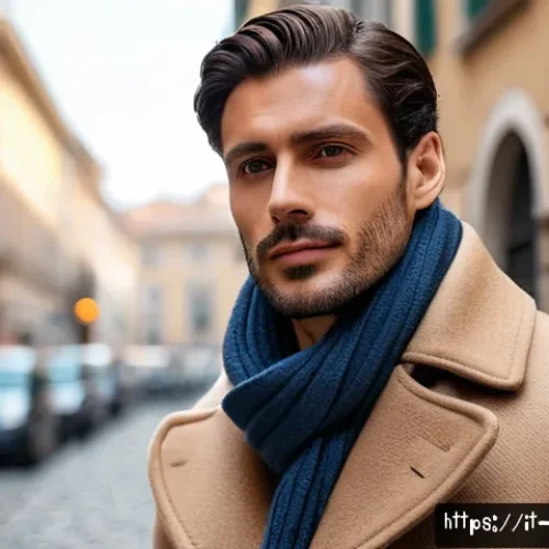 남성용 스카프 매는 법 - A stylish Italian man in his 30s wearing a double-breasted camel coat paired with a classic folded s...