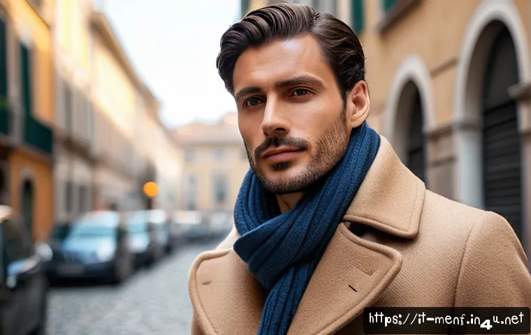 남성용 스카프 매는 법 - A stylish Italian man in his 30s wearing a double-breasted camel coat paired with a classic folded s...