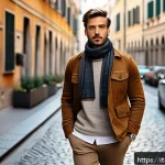 남성 복장에서의 레이어링 - A stylish Italian man outdoors during a mild autumn day in Milan, wearing layered clothing: a breath...