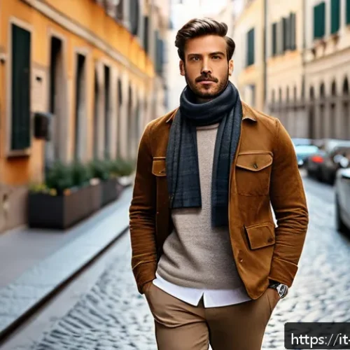 남성 복장에서의 레이어링 - A stylish Italian man outdoors during a mild autumn day in Milan, wearing layered clothing: a breath...