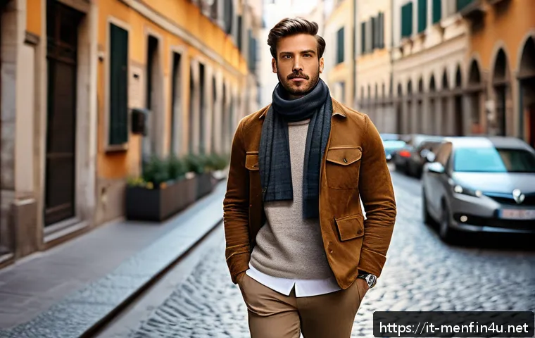 남성 복장에서의 레이어링 - A stylish Italian man outdoors during a mild autumn day in Milan, wearing layered clothing: a breath...